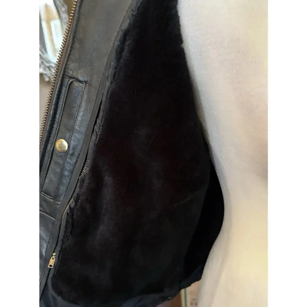 Vintage Womens Black Leather Moto Jacket Fur Lined Biker 12 Vtg Zip Liner - Picture 16 of 16